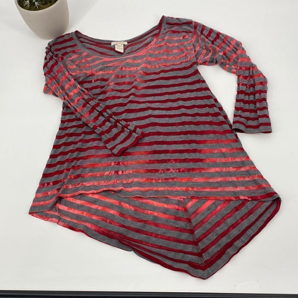 Sundance Mystic Stripe Burn Out Tunic Top Long Sleeve Asymmetric Red/Grey medium